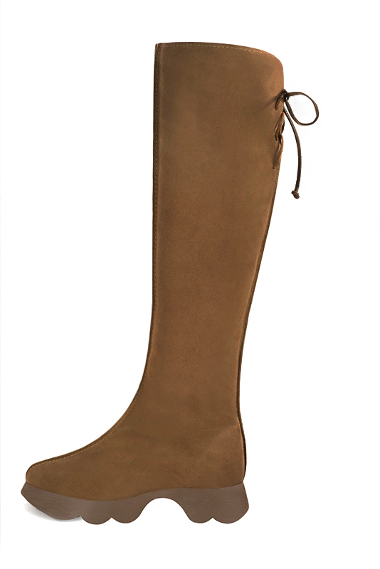 Caramel brown women's knee-high boots, with laces at the back. Round toe. Low rubber soles. Made to measure. Profile view - Florence KOOIJMAN